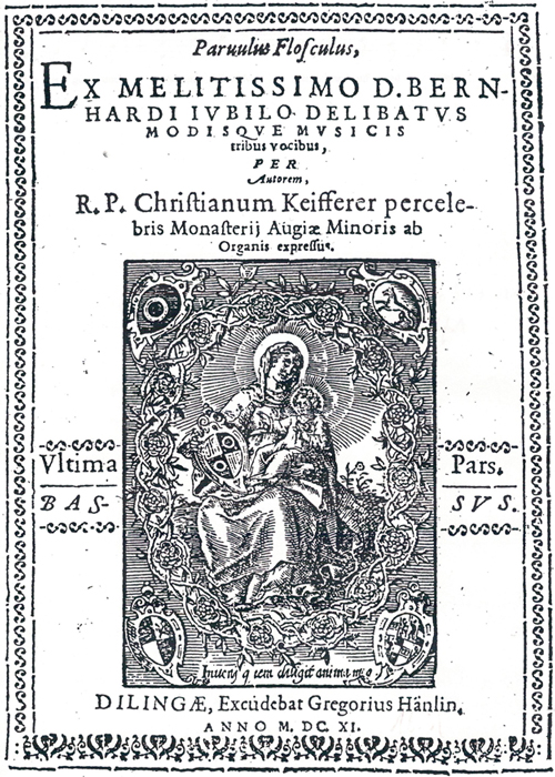 Parvulus Flosculus, ex melitissimo D. Bernhardi Jubilo iubilo delibatus modisque musicis tribus vocibus (3 Stimmen))  ... expressus, pars prima, 1610 Dillingen, Wwe. Sabine Meltzer; nur Tenorstimme erhalten (British Library London)