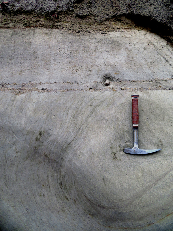 Durch ein gewaltiges Paläo-Erdbeben infolge des Nördlinger-Ries-Impakts verbogene, tertiäre Sedimentschichten der Oberen Süßwassermolasse ( 