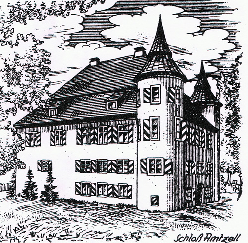 Amtzell, Altes Schloss: Ab 1839 kam die Amtzeller Volksschule im dritten Stock des Amtzeller Schlosses unter. Aus: Schulmonografie der Grund- und Hauptschule Amtzell (1938), S. 12.